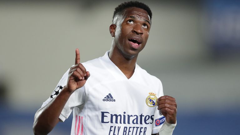 Vinicius Jr celebrates after scoring his second goal against Liverpool 