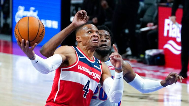 AP - Washington Wizards guard Russell Westbrook (4) drives past Detroit Pistons guard Josh Jackson (20) 