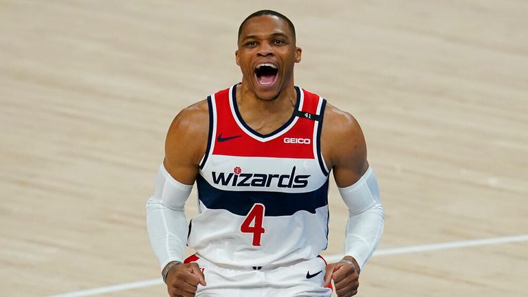 AP - Washington Wizards guard Russell Westbrook (4) shouts before an NBA basketball game against the Oklahoma City Thunder