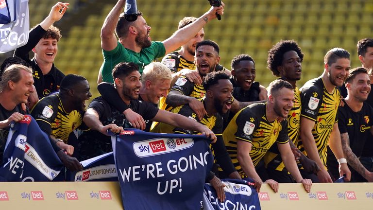 Watford celebrate their promotion back to the Premier League