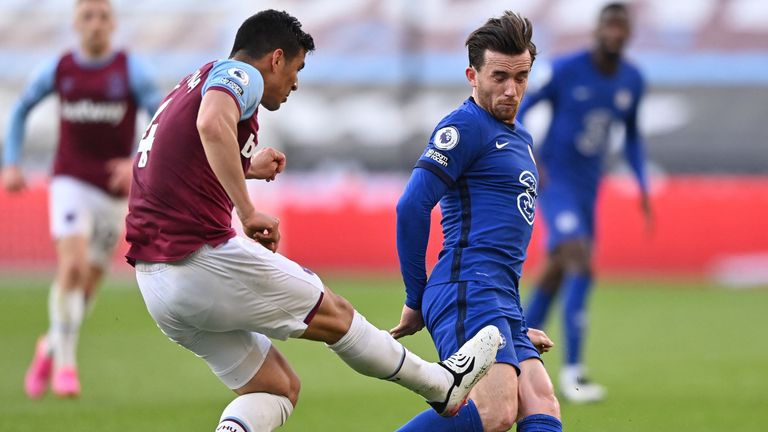 Fabian Balbuena makes contact with Ben Chilwell's leg after making a clearance