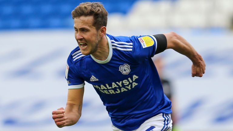 Will Vaulks celebrates scoring the first goal for Cardiff City FC during the Sky Bet Championship match between Cardiff City and Blackburn Rovers at Cardiff City Stadium on April 10, 2021 in Cardiff, Wales. Sporting stadiums around the UK remain under strict restrictions due to the Coronavirus Pandemic as Government social distancing laws prohibit fans inside venues resulting in games being played behind closed doors. (Photo by Cardiff City FC/Getty Images)