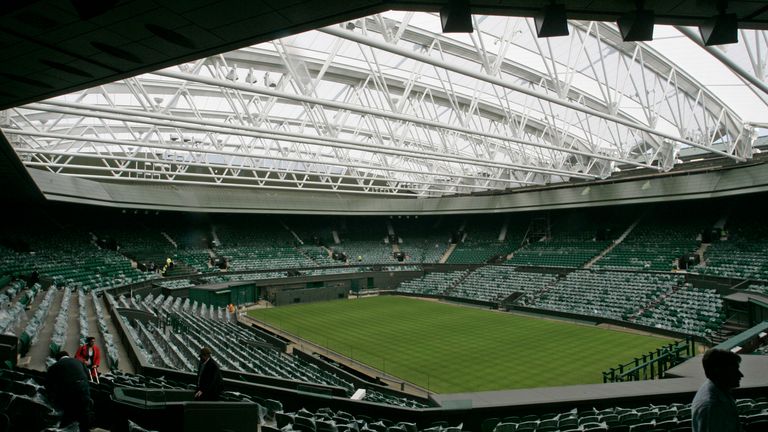 General view of Wimbledon's Centre Court under the new roof on view to the media for the first time at the All England Tennis Club at Wimbledon, London, Tuesday, April 21, 2009.