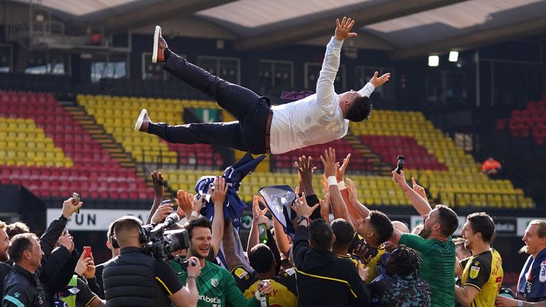 Watford manager Xisco is thrown in their air in celebration at the final whistle