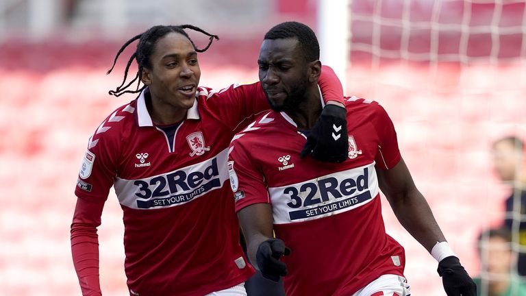 Middlesbrough's Yannick Bolasie (right) celebrates scoring their first goal of the game with teammate Djed Spence (left) during the Sky Bet Championship match at the Riverside Stadium, Middlesbrough