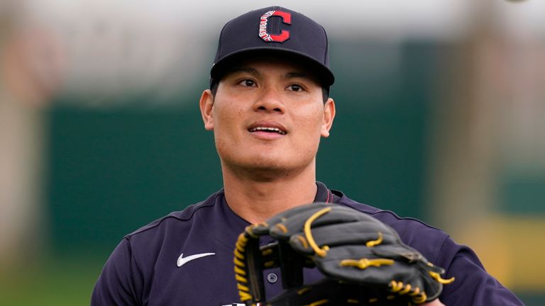 Cleveland Indians' Yu Chang, of Taiwan, warms up prior to a spring training baseball game against the San Francisco Giants Tuesday, March 23, 2021, in Goodyear, Ariz. (AP Photo/Ross D. Franklin)