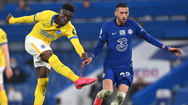 Brighton and Hove Albion's Yves Bissouma has a shot on goal vs Chelsea