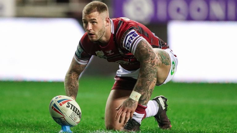 Picture by Alex Whitehead/SWpix.com - 29/04/2021 - Rugby League - Betfred Super League - Wigan Warriors v Hull FC - DW Stadium, Wigan, England - Wigan&#39;s Zak Hardaker prepares to kick for goal.