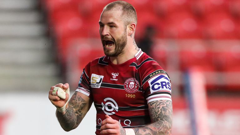 01/04/2021 - Rugby League - Betfred Super League - Wigan Warriors v Wakefield Trinity - Totally Wicked Stadium, St Helens, England - Wigan's Zak Hardaker celebrates scoring a try.