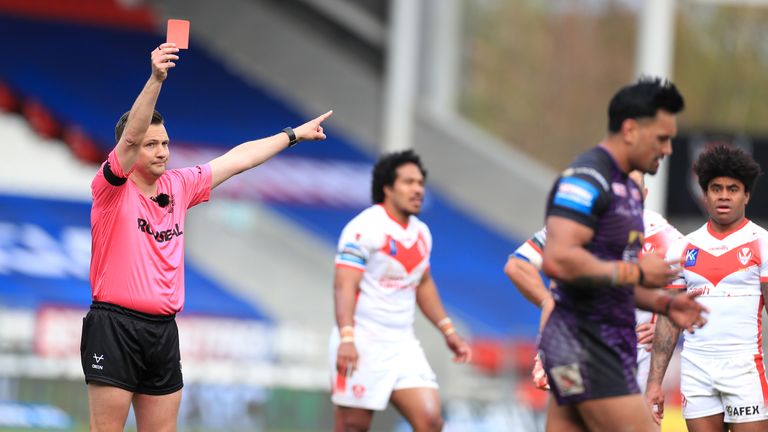 St Helens v Leeds Rhinos - Betfred Challenge Cup - Third Round - Totally Wicked Stadium
Leeds Rhinos' Zane Tetevano (right) is shown a red card by the referee during the Betfred Challenge Cup match at the Totally Wicked Stadium, St Helens. Picture date: Saturday April 10, 2021.