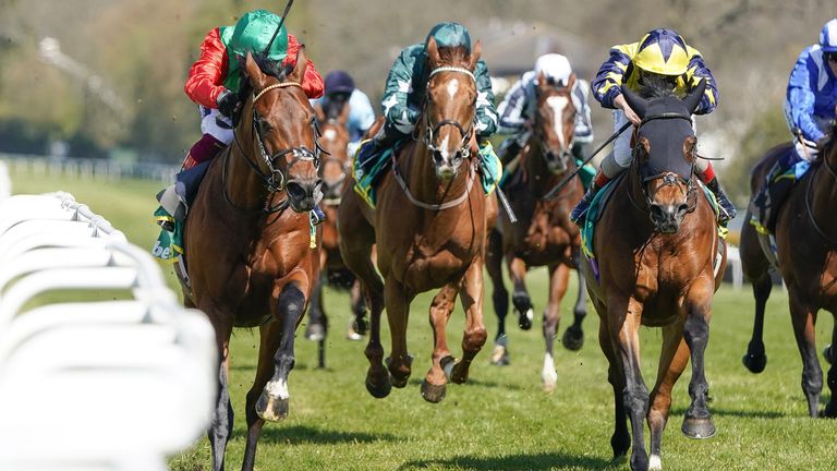 Frankie Dettori riding Waldkonig (red) win The bet365 Gordon Richards Stakes at Sandown Park Racecourse. Picture date: Friday April 23, 2020.