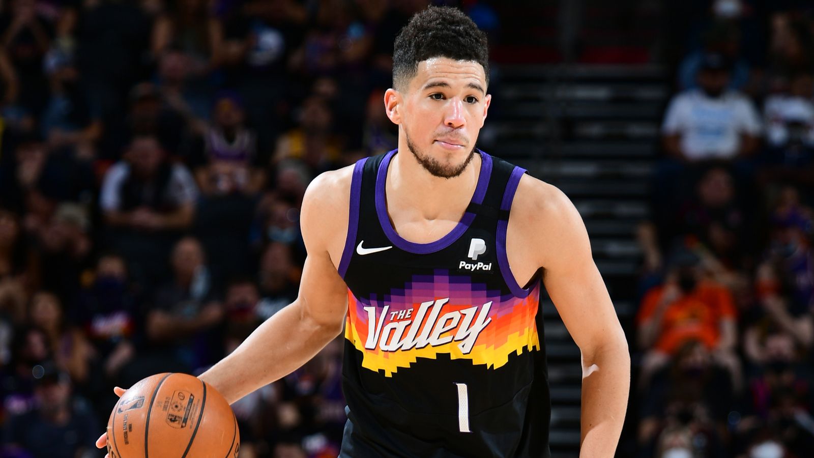 The jersey of Devin Booker of the Phoenix Suns during the game