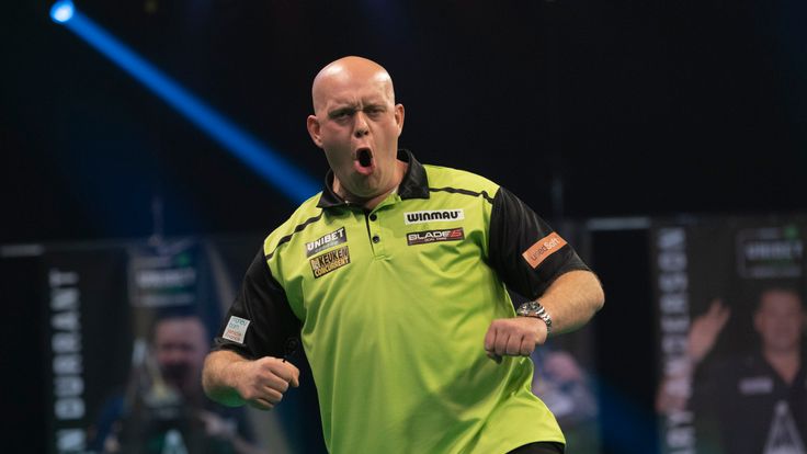 Michael van Gerwen against Dimitri Van den Bergh on Night 10 of the Premier League