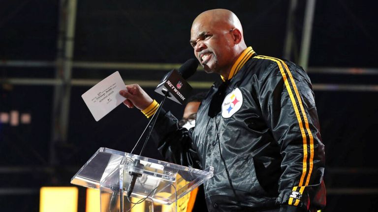 Darryl &#39;DMC&#39; McDaniels makes a selection for the Pittsburgh Steelers during the 3rd round of the NFL football draft, Friday April 29, 2021, in Cleveland. (AP Photo/Gregory Payan)