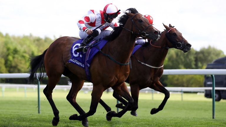 Liberty Beach ridden by jockey Jason Hart on their way to winning the Casumo Best Odds Guaranteed Temple Stakes at Haydock Park racecourse. Picture date: Saturday May 22, 2021.