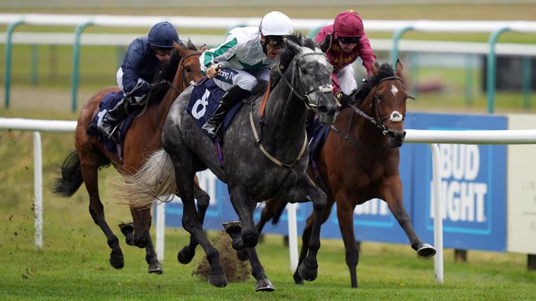 Sherbet Lemon ridden by jockey Paul Mulrennan on their way to winning the Novibet Oaks Trial Fillies' Stakes at Lingfield Park Racecourse. Picture date: Saturday May 8, 2021.