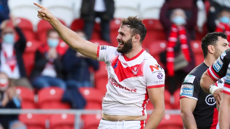 Picture by Alex Whitehead/SWpix.com - 17/05/2021 - Rugby League - Betfred Super League - St Helens v Salford Red Devils - Totally Wicked Stadium, St Helens, England - St Helens' Alex Walmsley celebrates scoring a try.