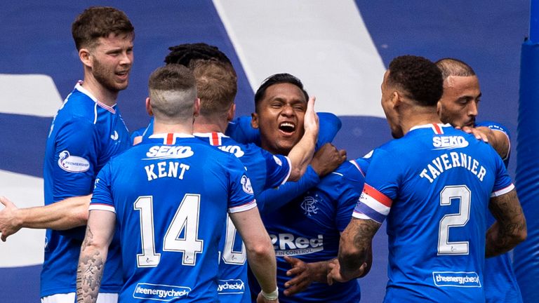 GLASGOW, SCOTLAND - MAY 02: Alfredo Morelos celebrates after scoring to make it 2-1 during a Scottish Premiership match between Rangers and Celtic at Ibrox Park, on May 02, 2021, in Glasgow, Scotland. (Photo by Craig Williamson / SNS Group)