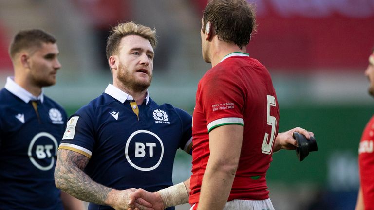 LLANELLI, WALES - OCTOBER 31: Scotland's Stuart Hogg shakes hands with Wales' Alun Wyn Jones at full time during a Guinness Six Nations match between Wales and Scotland at Parc y Scarlets, on October 31, 2020, in Llanelli, Scotland. (Photo by Craig Williamson / SNS Group)