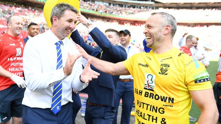 Picture by Simon Wilkinson/SWpix.com - 24/08/2019 - Rugby League - Coral Challenge Cup Final - St Helens v Warrington Wolves - Wembley Stadium, London, England - Head coach of Warrington Wolves, Steve Price, celebrates the win.