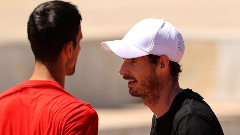 Andy Murray (R) of Great Briatin speaks to Novak Djokovic of Serbia during their practice session on day 3 of the Internazionali BNL d’Italia at Foro Italico on May 10, 2021 in Rome, Italy. (Photo by Clive Brunskill/Getty Images)