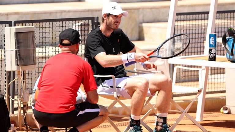 Andy Murray of Great Briatin speaks to his Coach, Jamie Delgado on day 3 of the the Internazionali BNL d’Italia practice session at Foro Italico on May 10, 2021 in Rome, Italy. (Photo by Clive Brunskill/Getty Images)