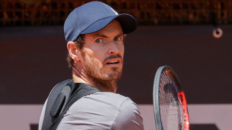Andy Murray of Great Britain plays a backhand during a training session during the Internazionali BNL d'Italia 2021 at Foro Italico on May 09, 2021 in Rome, Italy. (Photo by Giampiero Sposito/Getty Images)