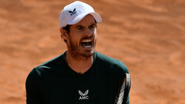 Andy Murray celebrates a point during his Men's double match with Britain's Liam Broady against Germany's Kevin Krawitz and Romania's Horia Tecau of the Men's Italian Open at Foro Italico on May 13, 2021 in Rome, Italy. (Photo by Filippo MONTEFORTE / AFP) (Photo by FILIPPO MONTEFORTE/AFP via Getty Images)