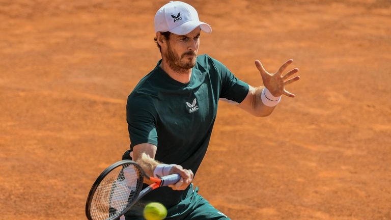 Andy Murray returns a forehand during his Men's double match with Britain's Liam Broady against Germany's Kevin Krawitz and Romania's Horia Tecau of the Men's Italian Open at Foro Italico on May 13, 2021 in Rome, Italy. (Photo by Filippo MONTEFORTE / AFP) (Photo by FILIPPO MONTEFORTE/AFP via Getty Images)