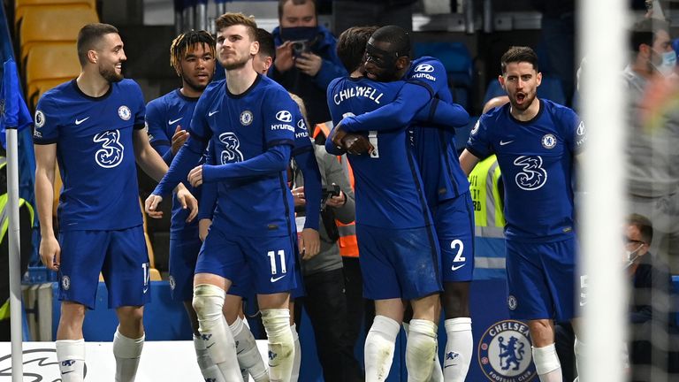 Antonio Rudiger celebrates with teammates after giving Chelsea the lead