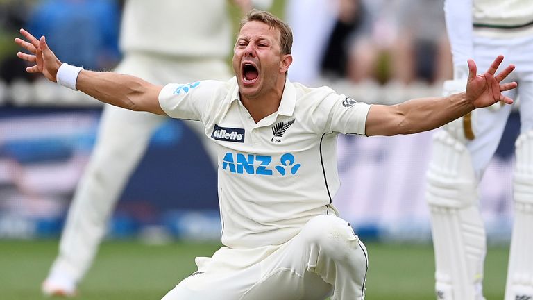 AP - New Zealand's Neil Wagner, second left, appeals unsuccessfully for a LBW decision on the West Indies' Shamarh Brooks, second right, on the third day of their second cricket test at Basin Reserve in Wellington, New Zealand, Sunday, Dec. 13, 2020. (Andrew Cornaga/Photosport via AP).                  