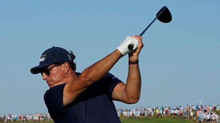 Phil Mickelson hits off the 16th tee during the final round on his way to winning the 2021 PGA Championship at Kiawah Island