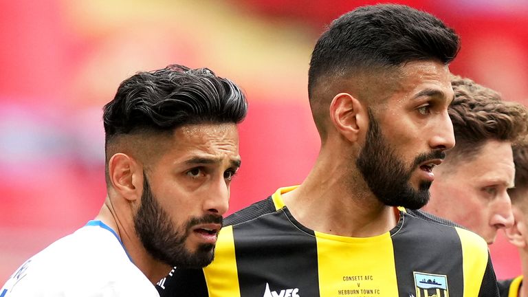 Consett's Arjun Purewal (left) and Hebburn Town's Amar Purewal during the Buildbase FA Vase 2019/20 Final at Wembley Stadium, London. 