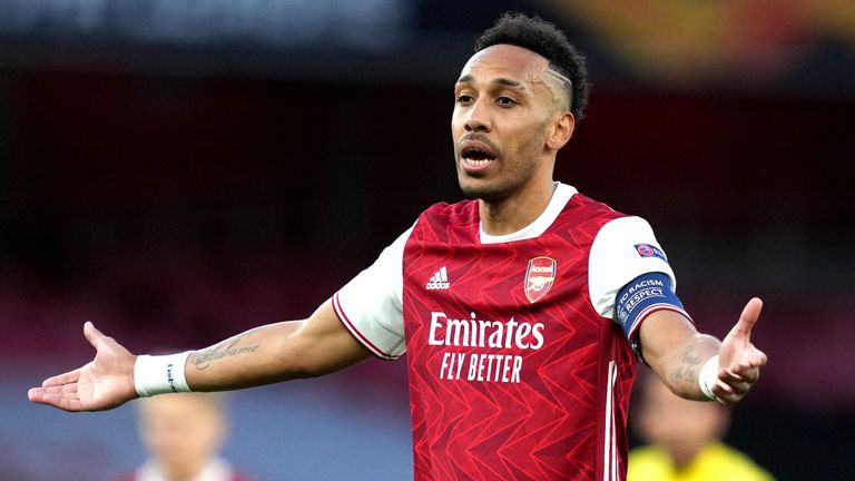 Arsenal v Villarreal - UEFA Europa League - Semi Final - Second Leg - Emirates Stadium
Arsenal&#39;s Pierre-Emerick Aubameyang gestures during the UEFA Europa League Semi Final at the Emirates Stadium, London. Picture date: Thursday May 6, 2021.