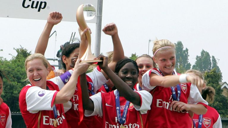 Arsenal Ladies' celebrate with the trophy after beating  Umea IK 1-0 on aggregate during their UEFA Women's Cup final second leg soccer match at the Meadow Park stadium, London, Sunday April 29, 2007. (AP Photo/Tom Hevezi)