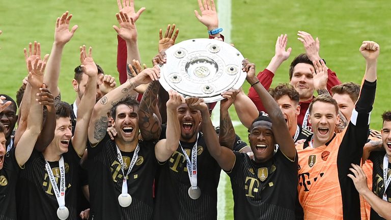 Bayern Munich lift the Bundesliga trophy on the final day of the season