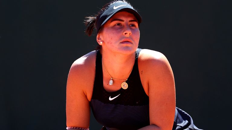 Bianca Andreescu of Canada reacts in their ladies singles first round match against Tamara Zidansek of Slovenia on day two of the 2021 French Open at Roland Garros on May 31, 2021 in Paris, France. (Photo by Julian Finney/Getty Images)