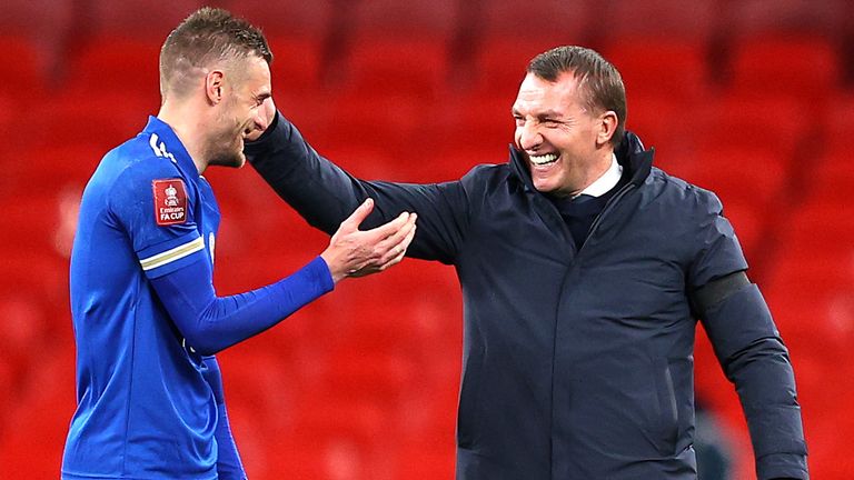Brendan Rodgers and Jamie Vardy celebrate after Leicester's FA Cup win