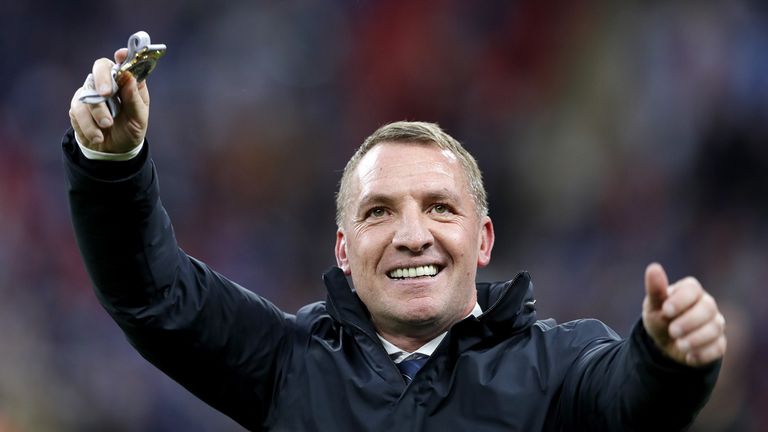 Leicester City manager Brendan Rodgers celebrates winning the Emirates FA Cup Final at Wembley Stadium, London. Picture date: Saturday May 15, 2021.