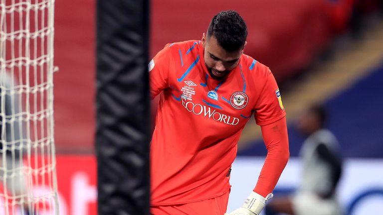 Brentford goalkeeper David Raya is left dejected during last season's play-off final defeat to Fulham