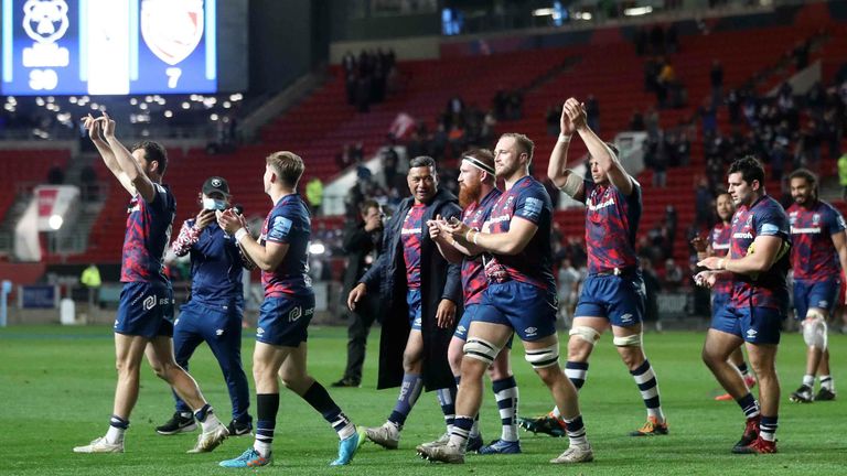 Bristol Bears players applaud the fans at the end of the game