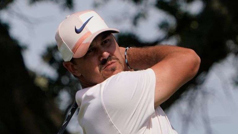 Brooks Koepka works off the seventh tee during the third round at the PGA Championship golf tournament on the Ocean Course, Saturday, May 22, 2021, in Kiawah Island, S.C. (AP Photo/Chris Carlson)