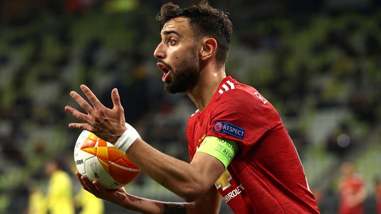 Bruno Fernandes shows his frustration during the Europa League final 