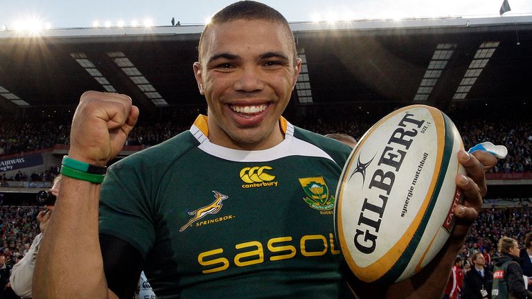 South Africa's try scorer Bryan Habana reacts after their international rugby union match against the British Lions at Loftus Versfeld stadium, Pretoria, South Africa, Saturday June 27, 2009. South Africa won 28-25. (AP Photo/Paul Thomas)