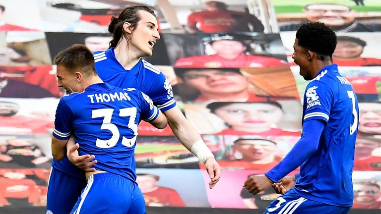 Caglar Soyuncu celebrates after heading Leicester 2-1 in front at Old Trafford