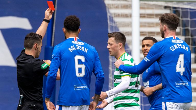GLASGOW, SCOTLAND - MAY 02: Referee Nick Walsh shows Callum McGregor a red card during a Scottish Premiership match between Rangers and Celtic at Ibrox Park, on May 02, 2021, in Glasgow, Scotland. (Photo by Craig Williamson / SNS Group)