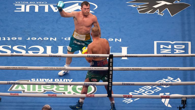 May 8th, 2021; Arlington, TX; Saul "Canelo" Alvarez fights Billy Joe Saunders in their 12 round bout for the WBC, WBA, WBO 168 lb title at AT&T Stadium on May 8th in Arlington, TX. Mandatory Credit: Michael Owens/Matchroom...       