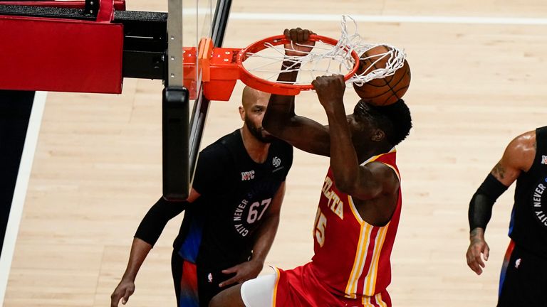 Atlanta Hawks&#39; Clint Capela dunks the ball against the New York Knicks in Game 3 of an NBA basketball first-round playoff series