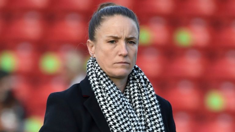 Manchester United manager Casey Stoney during the English Women&#39;s Super League soccer match between Aston Villa and Manchester United at the Bank&#39;s Stadium in Walsall, England, Saturday, Dec. 5, 2020. (AP Photo/Rui Vieira)..