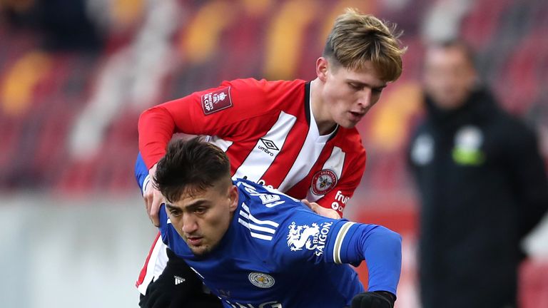 Leicester's Cengiz Under fends off Brentford's Fin Stevens during an FA Cup tie